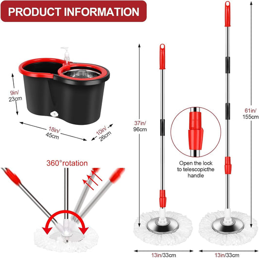 Spin Mop and Bucket with Wringer Set on Wheels, 360 Spinning Mop with Stainless Steel Handle for All Hard Surfaces, Floor Cleaning System with 3 Microfiber Replacement Heads, Black/Red