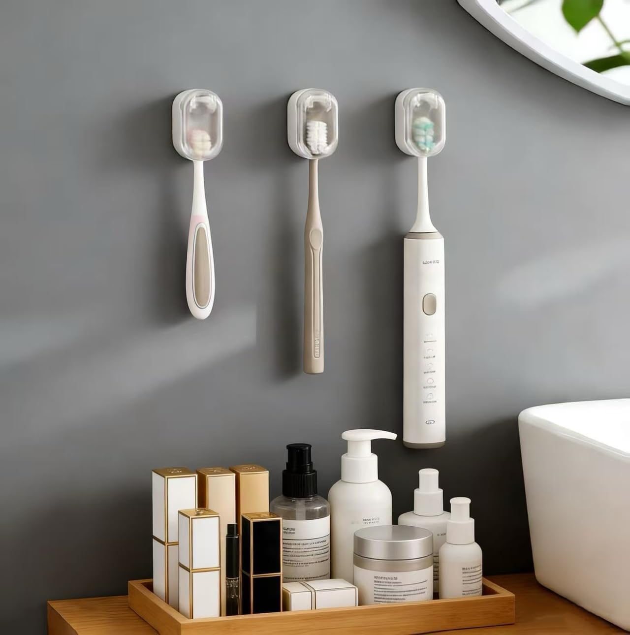 3 PCS Wall Mounted Toothbrush Holders for Bathrooms with Cover, Dustproof Strong Adhesive Toothbrush Holder, No-Drill Space-Saving Shower Toothbrush Organizer Set for Family & Travel (White)