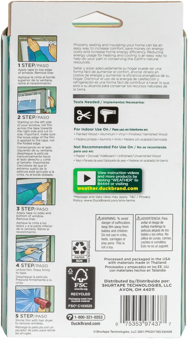 Duck Brand Rolled Window Insulation Kit for Indoor Use, Fits 3 Standard Windows, 62" x 126" (287450)