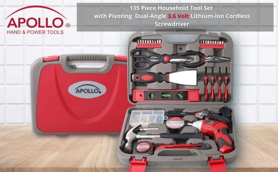 Apollo Tools Original 39 Piece General Household Tool Set in Toolbox Storage Case with Essential Hand Tools for Everyday Home Repairs, DIY and Crafts Red/Black - DT9706