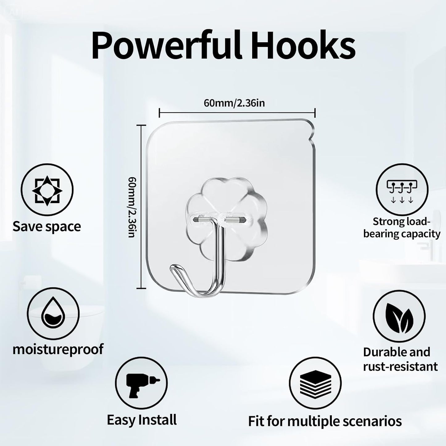 Adhesive Hooks, Hold 33lb(Max) Heavy Duty Sticky Hooks,Waterproof and Rustproof Wall Hooks for Hanging Can be Use Kitchen Bathroom Ceiling Office Window Home Improvement (Transparent 10PCS)