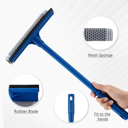15.9" Window Squeegee for Car,2 in 1 Squeegee Window Cleaner with Long Stainless Steel Handle,Sponge Car Window Squeegee for Gas Station, Glass,Shower (Plastic Pole)