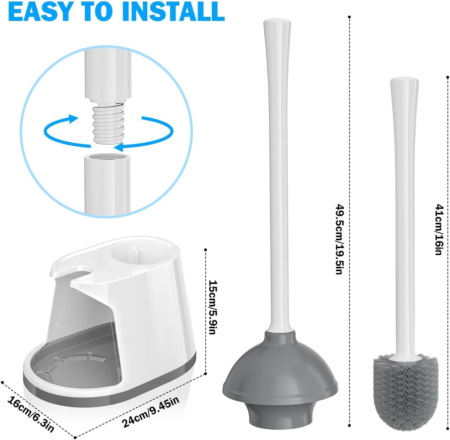 Toilet Plunger and Brush Set, Bowl Brush and Heavy Duty Toilet Plunger with Ventilated Holder, 2-in-1 Toilet Brush and Plunger Combo for 5.3-inch Toilet Drain Bathroom Deeply Cleaning(White & Grey)