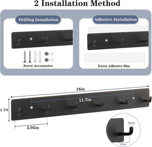Coat Rack Wall Mounted, Heavy Duty Wall Hooks for Hanging Keys Purse Towel Coat, Premium Stainless Steel Entry Coat Hooks Rack, Large Adhesive Key Holder Towel Racks for Bathroom RV (Black)