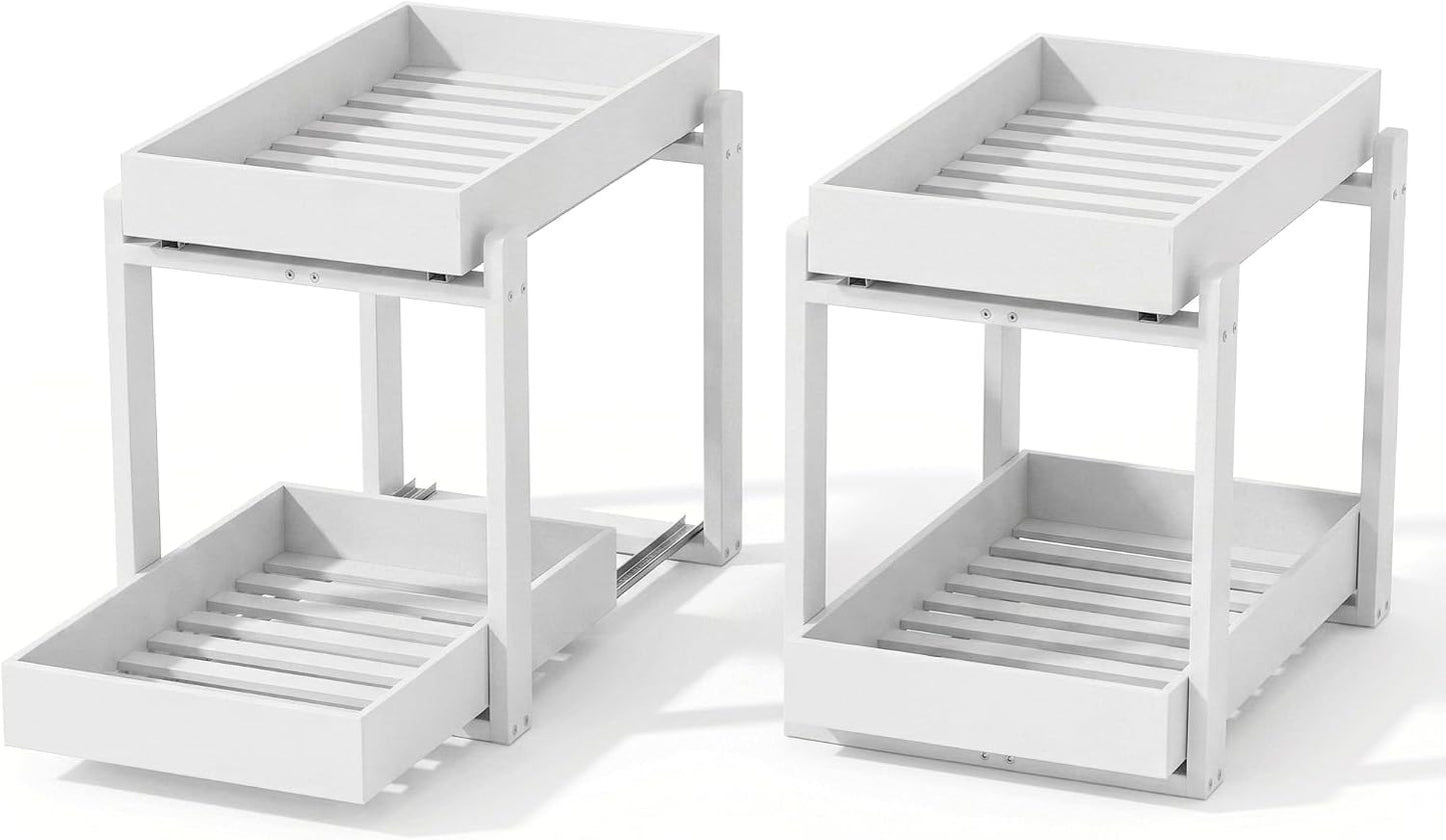 Bamboo Under Sink Organizer and Storage, 2 Pack Pull Out Cabinet Organization, 2 Tier Vertical Slide Out Undersink Storage Shelf, Multi-Purpose Organizer Shelves for Kitchen Bathroom Medicine