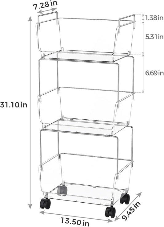 Delamu 3 Tier Rolling Cart for Kitchen, Bathroom, Office, Acrylic Utility Storage Carts with 2 Lockable Wheels, Ideal for Small Spaces, Pantry, Classroom, Makeup Organizer, Dorm Storage, Clear
