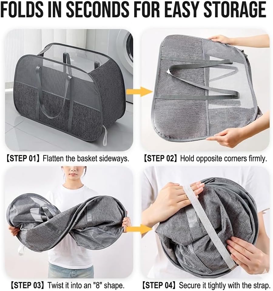 150L Collapsible Laundry Basket, 3-Compartment Foldable Hamper with Handles, Durable & Lightweight Clothes Organizer for Laundry Room, Dorm, Travel - Grey
