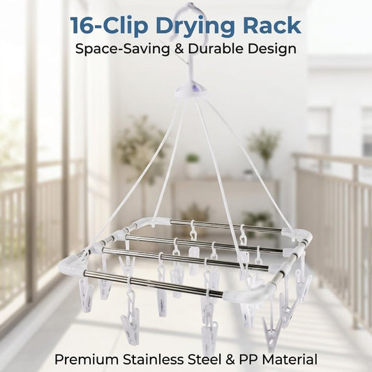 16 Clips Clothes Drying Rack, Stainless Steel Inner Rods Laundry Hanger with Windproof Hook & 360° Rotation, Space Saving Sock Dryer for Underwear, Baby Clothes, Towels, Small Laundry