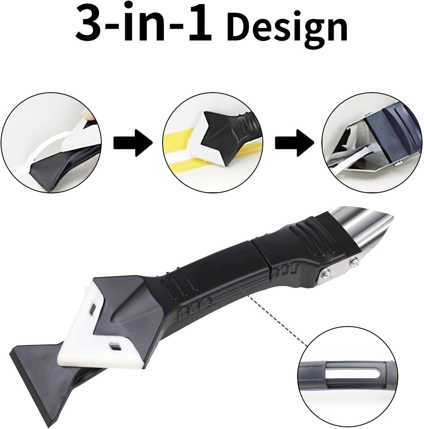 3 in 1 Caulking Tool Kit: 1 Steel Scraper & 5 Silicone Pads - Grout Remover and Sealant Finisher for Bathroom, Kitchen, Tile Joints