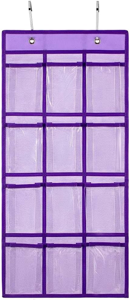 Classroom Pocket Chart For Cell Phones Calculators Over The Door Hanging Closet Underwear Sock Jewelry Organizer Holder 12 Clear Pockets (PURPLE)
