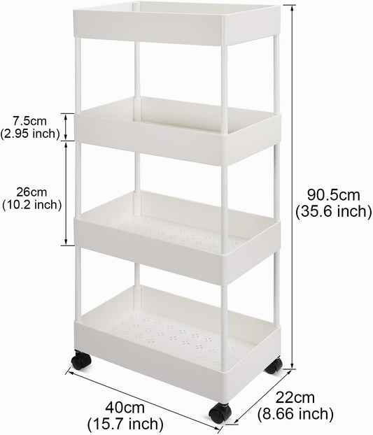 4-Tier Slim Rolling Cart, Slide Out Storage Trolley, Mobile Shelving Unit Organizer with Wheels, Gap Storage Tower Rack for Kitchen Bathroom Laundry Narrow Places