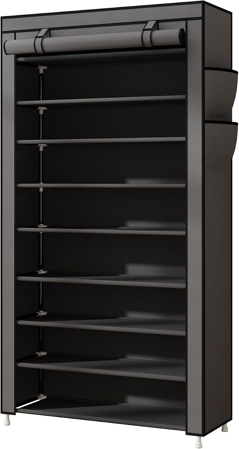 Laiensia 9-Tier Vertical Shoe Rack Organizer, Space Saving Shoe Storage Organizer, Non-Woven Cover Shoe Shelf Holds 36-45 Pairs for Bedroom, Hallway, Closet Entryway, Black