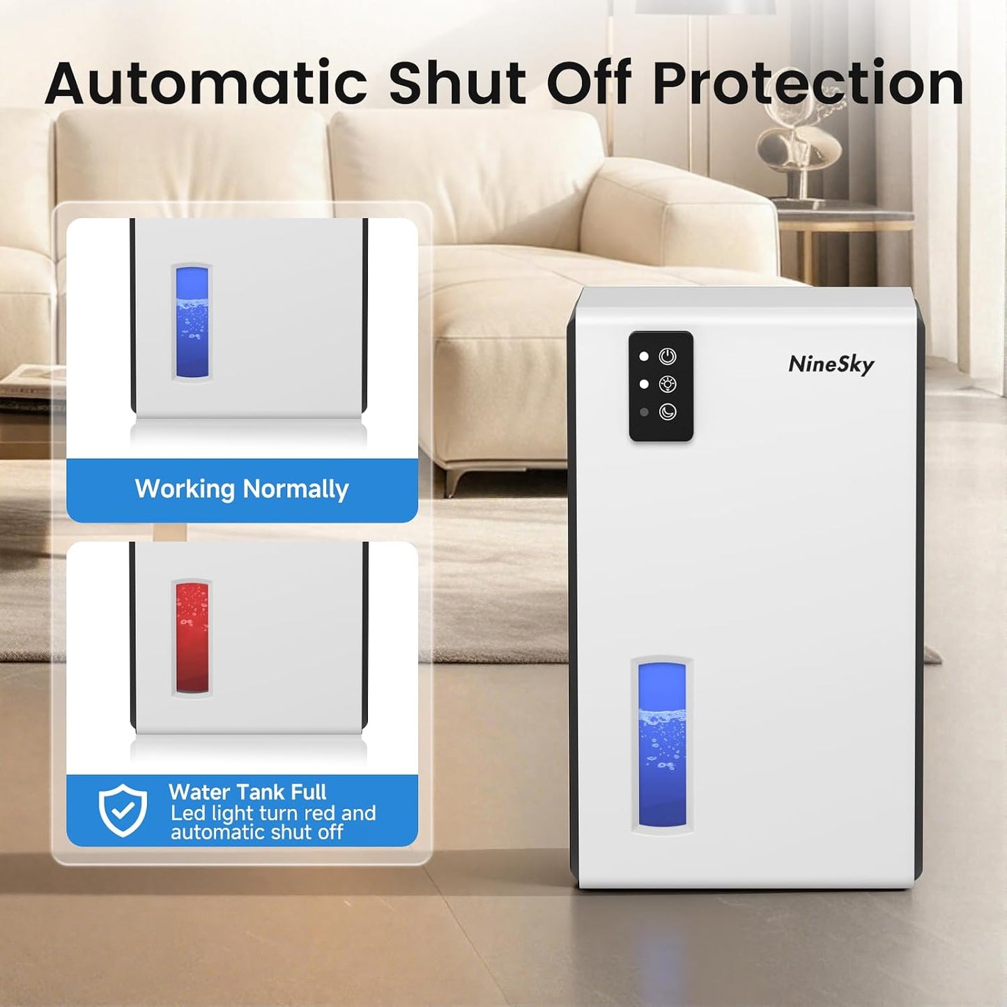 NineSky Dehumidifiers for Home, 1000 Sq.Ft Dehumidifier with 95oz Water Tank, Quiet Dehumidifier for Basement Bathroom Bedroom with 7-Color Ambient Light & Auto Shut Off, Sliver