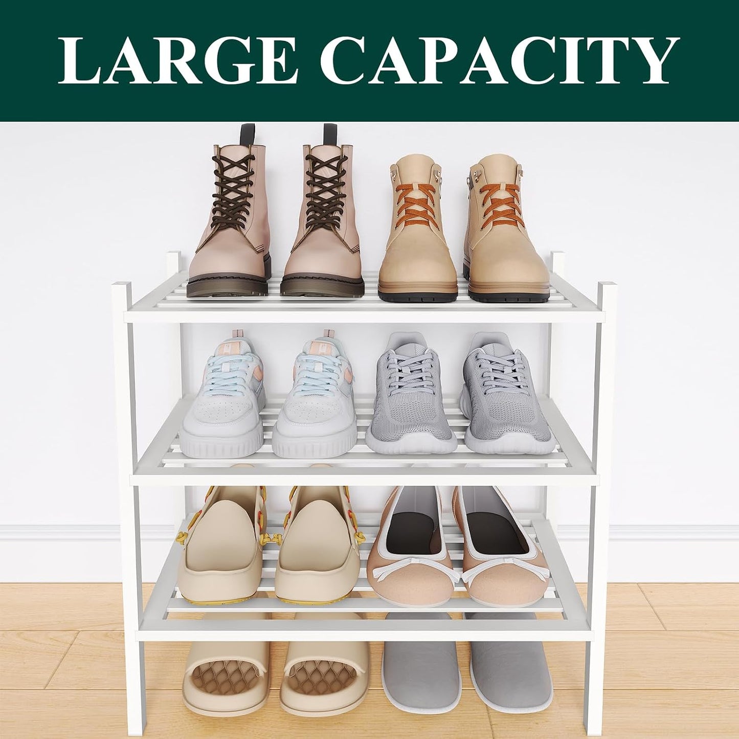 Smiry Bamboo Shoe Rack, 3 Tier Free Standing Wooden Shoe Organizer, Stackable Wood Shoe Storage Shelf for Closet, Entryway, 5 Horizontal Slats, 26.8"x11"x18.3", Natural
