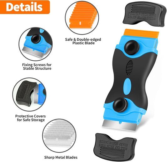 Razor Blade Scraper Tool - Razor Scraper with 40 Metal & Plastic Blades, Sticker Cleaning Remover for Paint, Decal, Adhesive, Label & Caulk, Glass Scraper for Window, Cooktop, Oven & Stove Top
