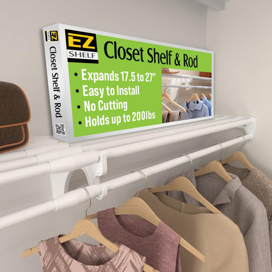 EZ SHELF- Closet Shelf with Hanging Rod, Expands 40.5-73", White, Closet Shelves Hold 200 lbs, Easy Install Closet Organizer to 2 Side Walls, Alternate for Closet Wire Shelving & Laundry Room Shelves