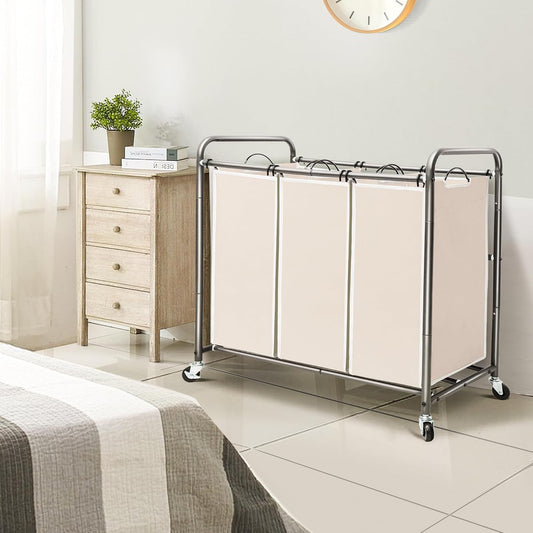 STO STO Laundry Sorter 3 Section, 3 Bag Clothes Hamper, Rolling Laundry Cart Basket with Heavy Duty Lockable Wheels and Removable Bag for Laundry Room, Bedroom, Closet, Gray