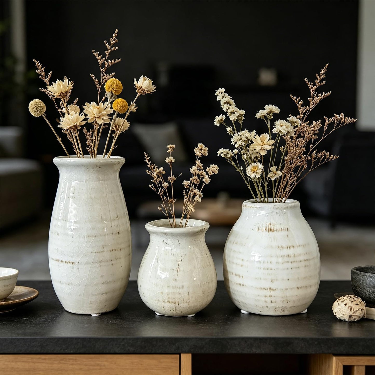 Ceramic Vase Set of 3,Rustic Vase Home Decor, Farmhouse Vase Decor for Shelves,Entry Table,Living Room,Fireplace