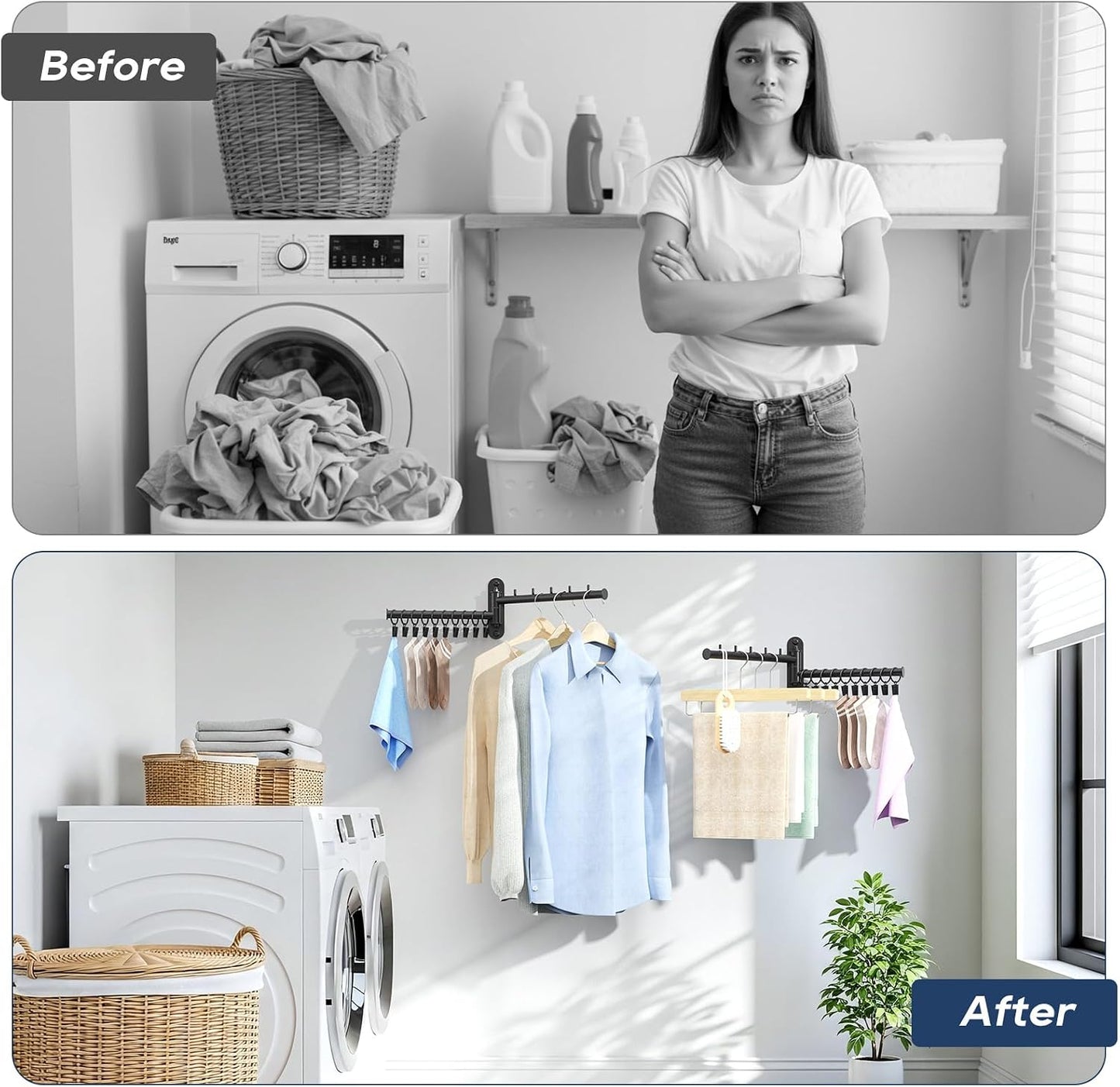 Wall Mounted Drying Rack, 2-Tier Laundry Drying Rack with Swing Arm, Space-Saving Foldable Laundry Clothes Hanger with 10 Clips for Laundry Room Closet Organizer Bathroom Bedroom