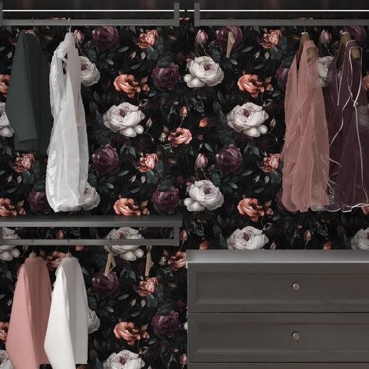Dark Floral Wallpaper Peel and Stick, Vintage Black/White/Red Rose Contact Paper 17.5" x 393" , Retro Flowers Wall Paper Self Adhesive Waterproof Removable for Room Shelves Cabinet Drawer Table Decor