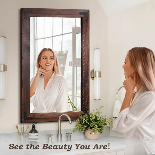 55"x22" Full Length Mirror with Wooden Frame,Natural Wooden Standing Mirror, Solid Wood Frame, Hanging or Leaning Wall-Mounted, Suit for Farmhouse, Living Room, Bedroom (Light Brown)