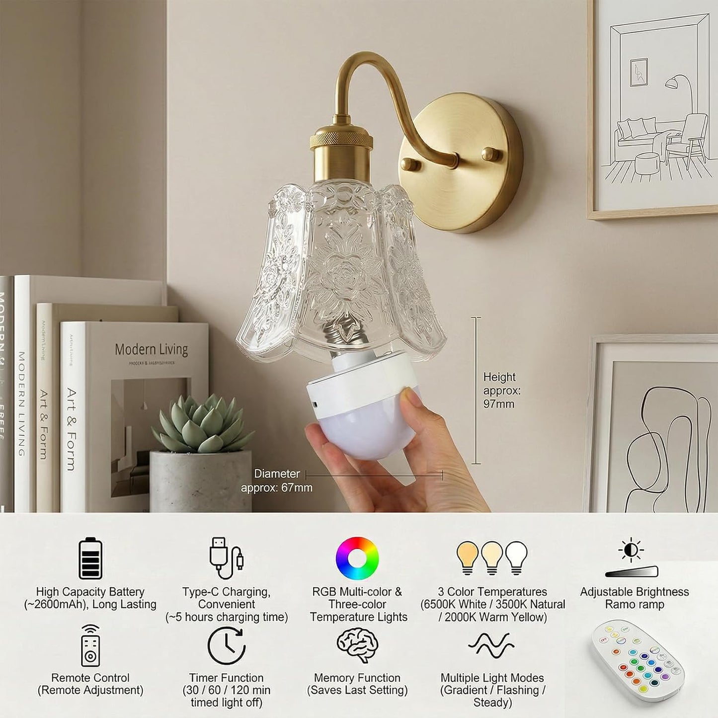 YUNICE Rechargeable Wall Sconces Set of 2 Battery Operated Wall Sconce with Remote Control Dimmable Cordless Wall Lamp with Amber Glass Lampshade Antique Brass Wall Lights for Bedroom Living Room