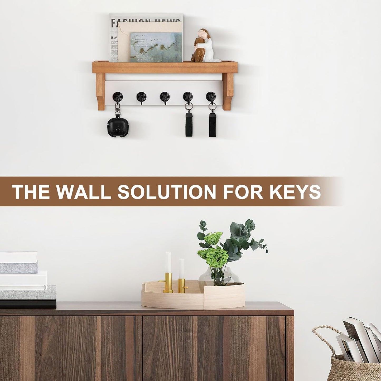 Key and Mail Holder Wall Mount, Key Holder with Shelf and Mail Organizer Wall Mount. Mail Holder with 5 Hooks for Coat, Dog Leash, Home Decor Rack, Entry Way Organizer (White)