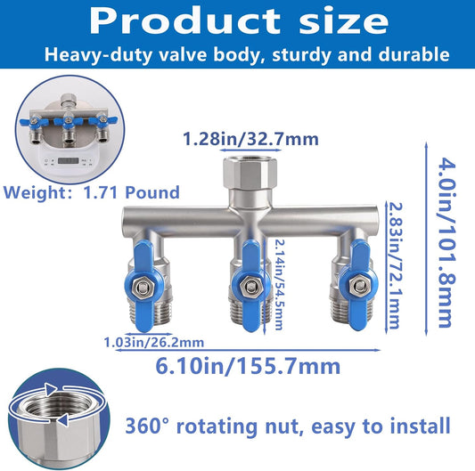 304 Stainless Steel Garden Hose Splitter 4 Way Heavy Duty, Full Flow T Valve Water Hose Splitter With 2.1" Extra Long Handle, Lead-free,3/4" GHT Thread Connector For Outdoor Spigot Faucet