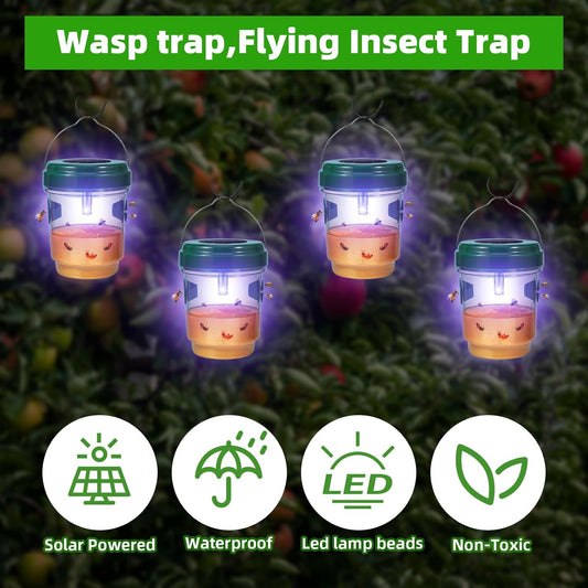 Solar Wasp Trap Outdoor Hanging, 4 Pack Wasp Trap Catcher Yellowjacket Trap Hornet Wasps Killer with UV LED Light Reusable Carpenter Bee Traps for Outside, Garden, Backyard, and Orchard