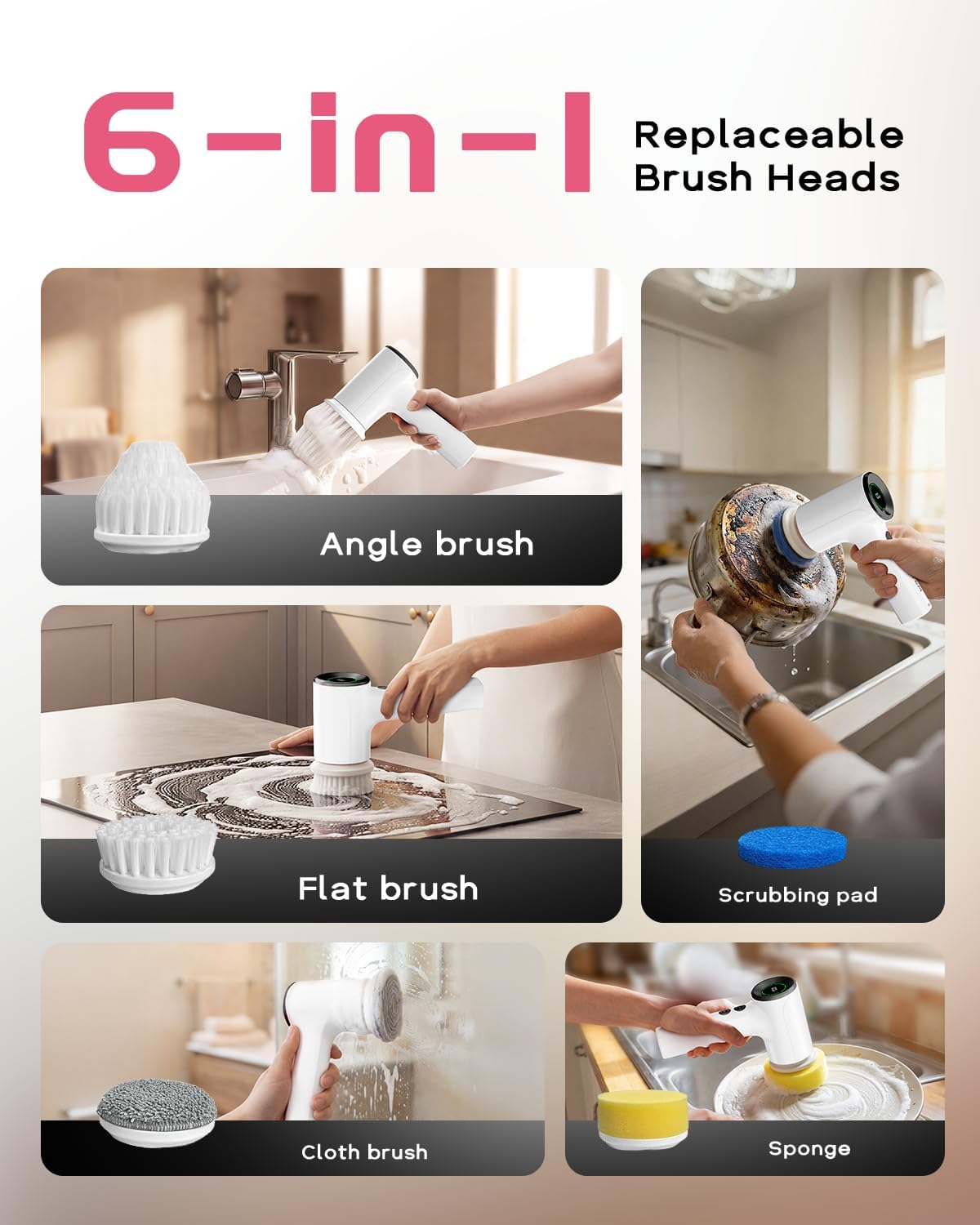 PUFTEM Shower Scrubber, Electric Spin Scrubber for Bathroom Cleaning – Cordless Shower Cleaner Brush with 6 Brush Heads, Dual-Direction Rotation, for Grout, Tile, Tub, Sink & Corners, White