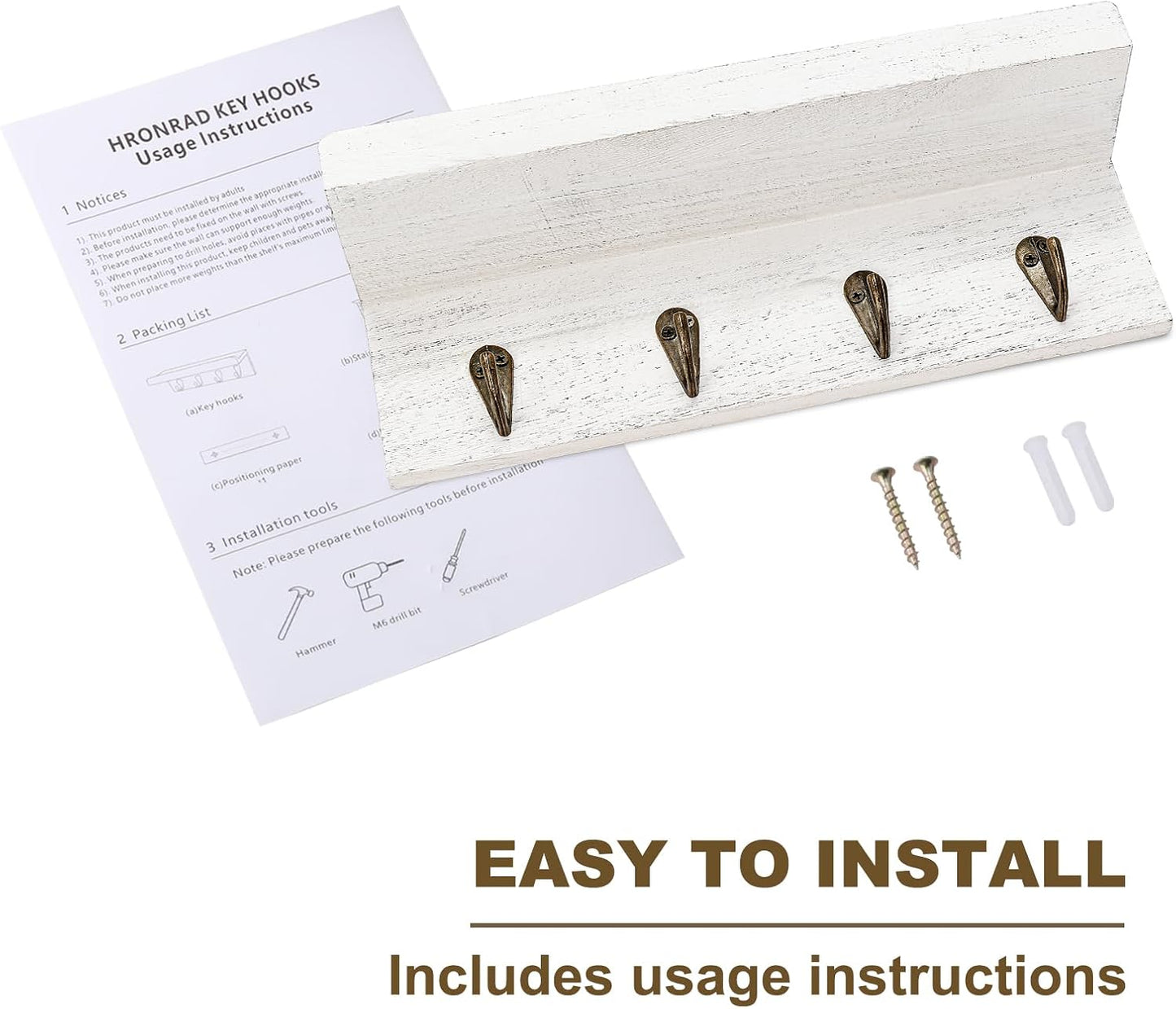 HRONRAD Rustic Key Holder for Wall, Farmhouse Wall Shelf with 4 Hooks, Wall Mounted Key Racks, Wooden Mail Organizer with Hooks for Entryway (Brown)