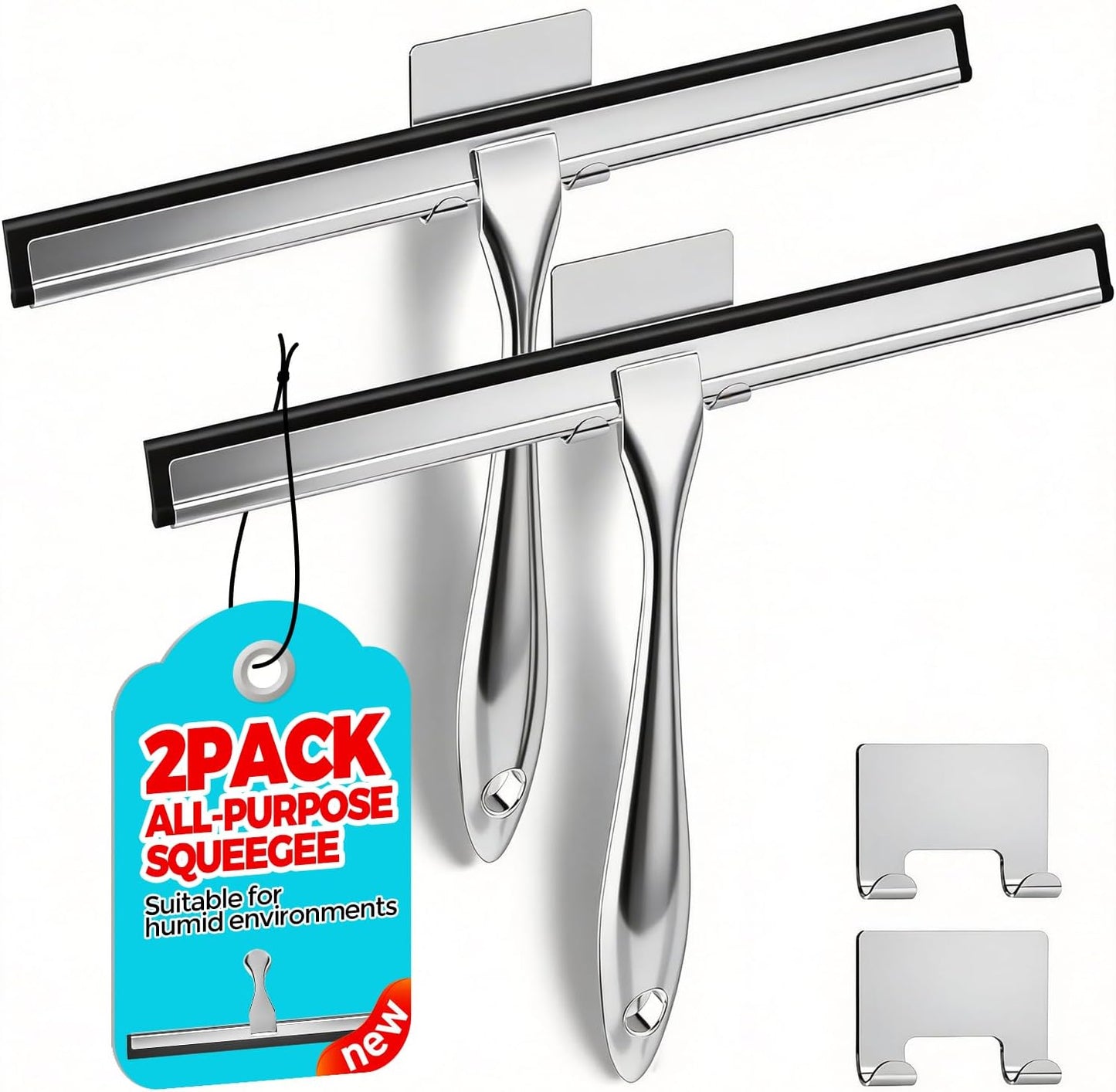 ALFLOD 2PACK Shower Squeegee for Glass Doors, Squeegee for Shower Glass,All-Purpose Tile Walls, Bathroom, Window, Glass and Car Windshield, Mirrors and Kitchen-Stainless Steel, 10 Inches, Silver
