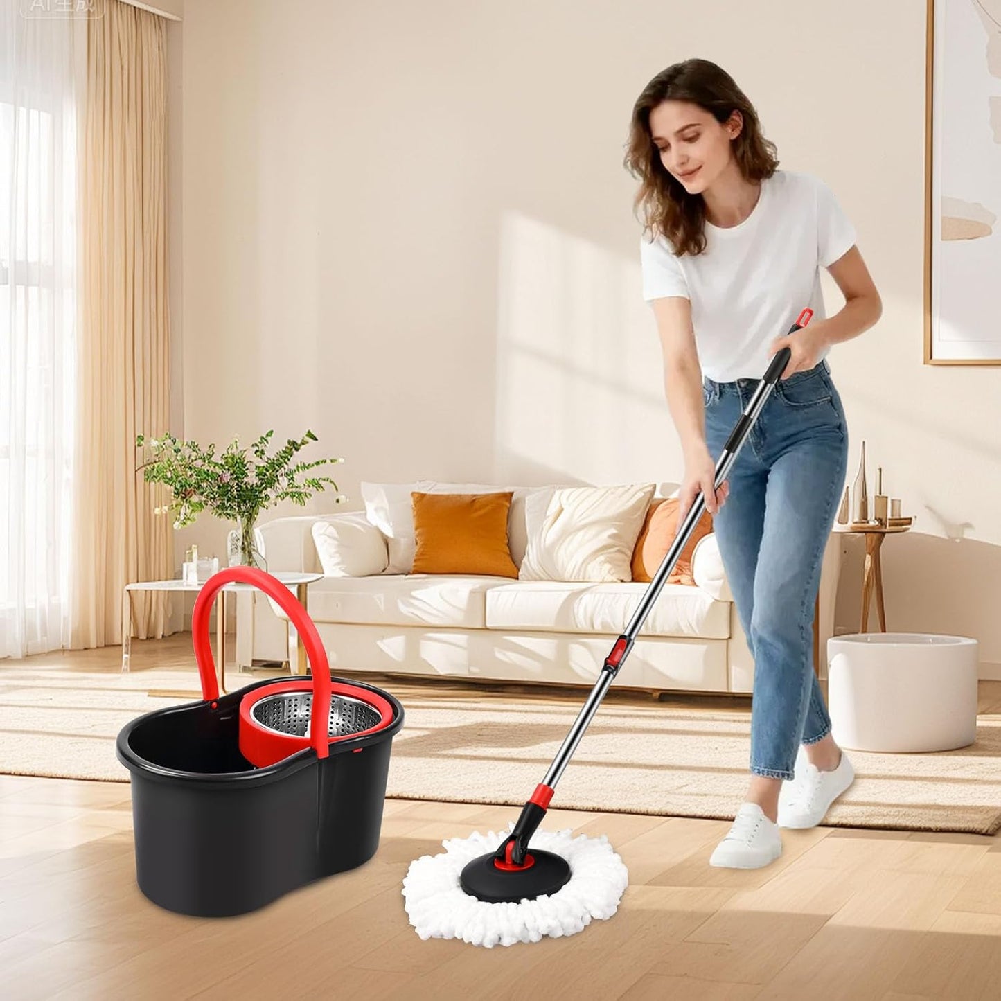 Spin Mop and Bucket, Mop and Bucket with Wringer Set for Home, 360 Spinning Mop Bucket Floor Cleaning Tool with One Microfiber Mop Replacement Head Refills,50" Extended Handle for Floor Cleaning Home