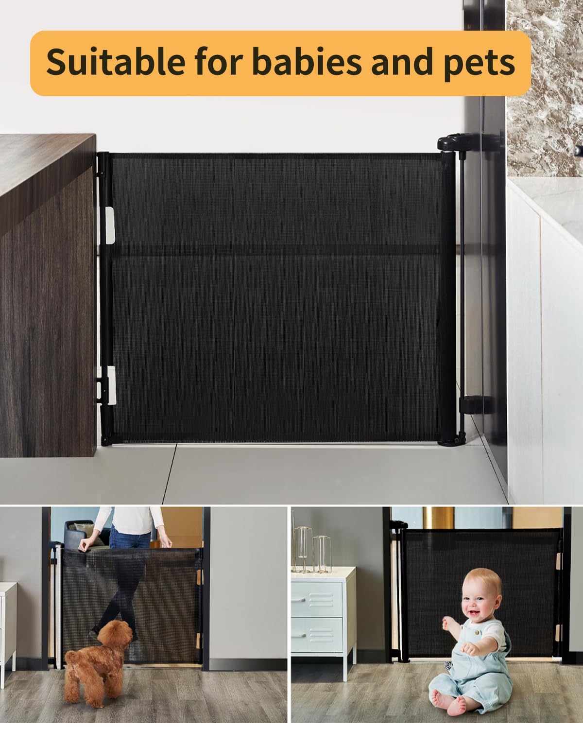 AOURMKOOP Retractable Baby Gate,Mesh Baby Gate or Mesh Dog Gate,33" Tall,Extends up to 55" Wide,Child Safety Gate for Doorways, Stairs, Hallways, Indoor/Outdoor(Black,33"x55"