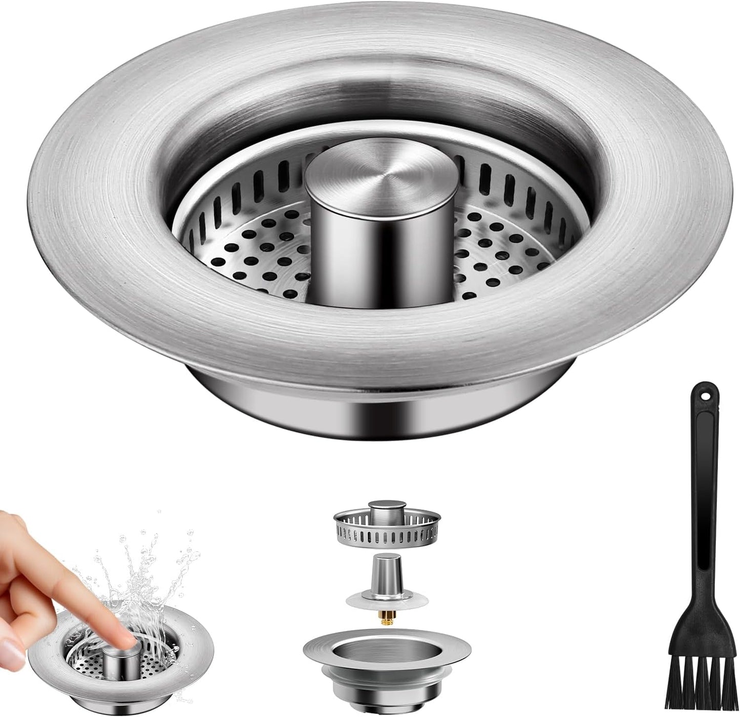 3-in-1 Kitchen Sink Drain Strainer - Pop Up Sink Stopper, Stainless Steel Sink Drain Strainer, Kitchen Sink Stopper & Drain Plug with Anti-Clogging Basket,Sink Strainer Fits US Standard 3-1/2'' Drains
