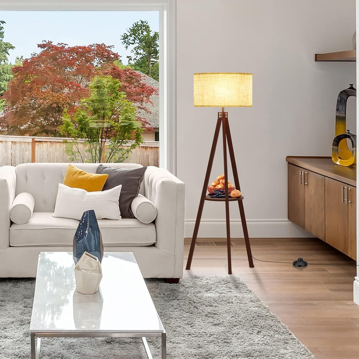 LEPOWER Tripod Floor Lamp, Mid Century Wood Standing Lamp, Modern Design Shelf Floor Lamp for Living Room, Bedroom, Office, Flaxen Linen Shade with E26 Base Brown