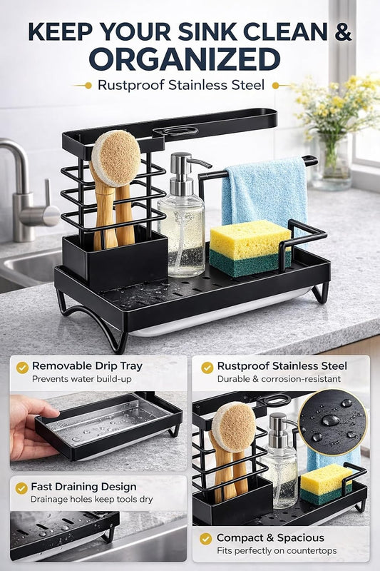 Premium Kitchen Sink Caddy Organizer – Rustproof Stainless Steel Sponge Holder with Drain Tray, Dish Brush Holder, Countertop Organizer with Towel Bar & Utensil Rack (Black)