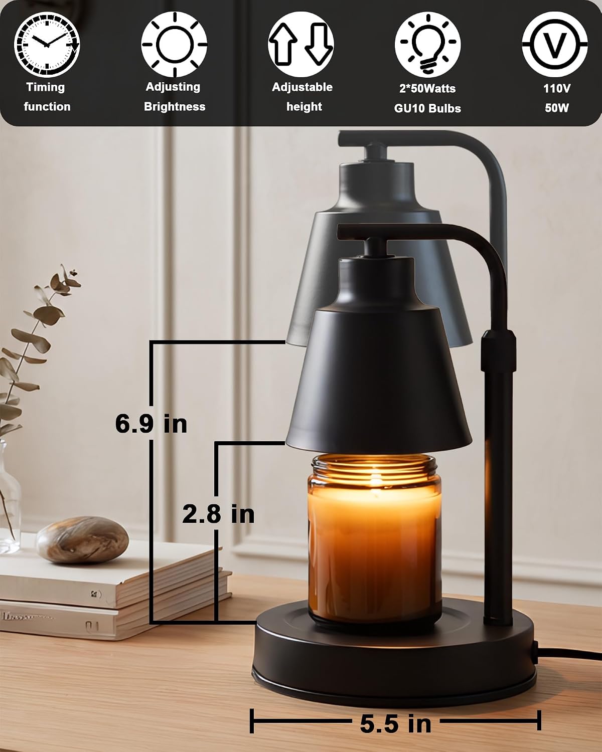 Candle Warmer Lamp with Timer - Adjustable Height & Brightness, 2 Bulbs Included - Flameless Wax Melter for Home