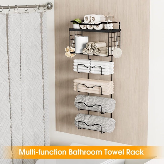 Towel Racks for Bathroom,Towel Rack Wall Mounted, 6 Tier Rolled Or Folded Towel Holder with Floating Shelves, Bathroom Towel Holder for Bath, Hand Towels,Metal and Wood