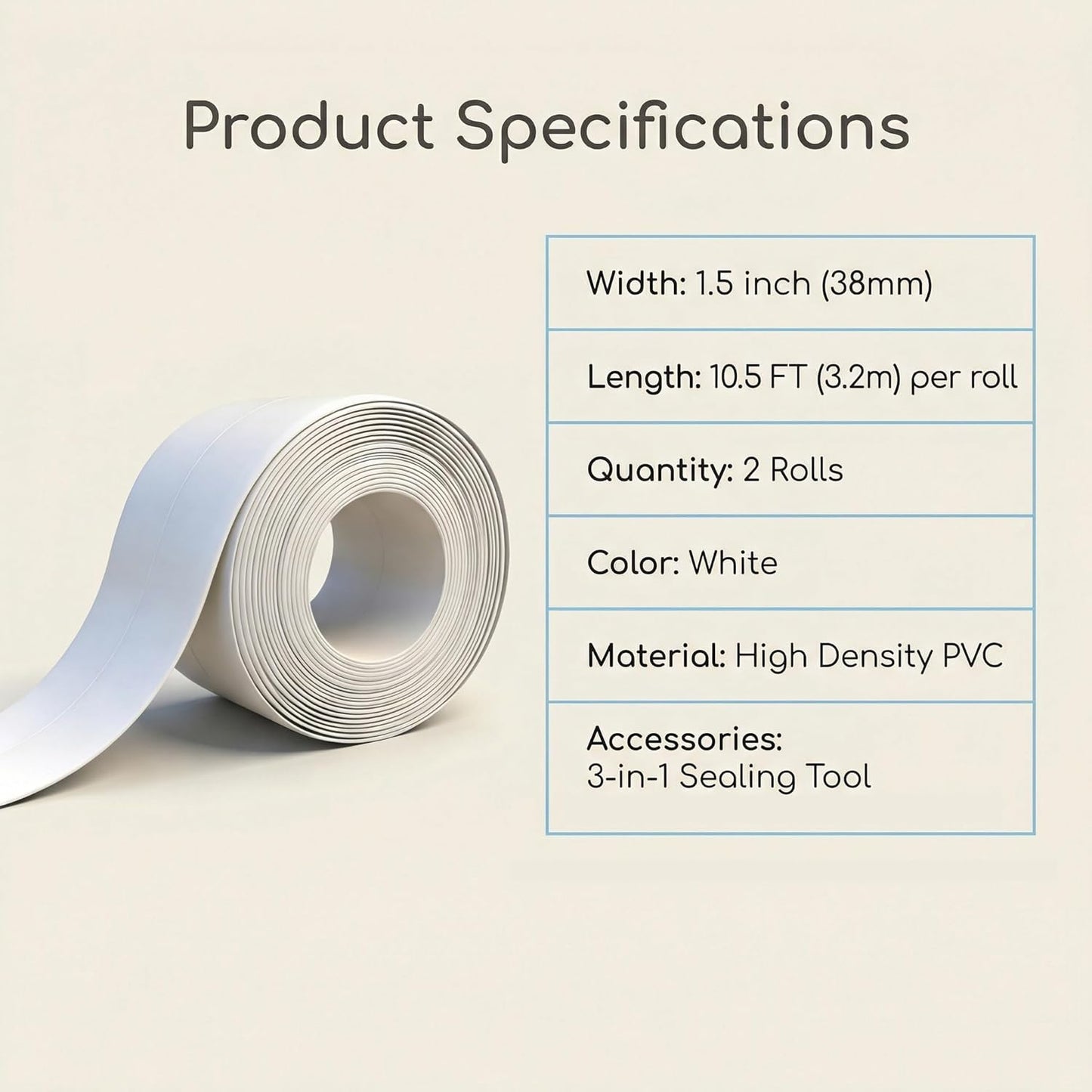 White Caulk Tape – Waterproof Sealant Strip for Bathroom, Shower, Bathtub, Kitchen Sink & Tile Gaps – Flexible, Paintable, Self-Adhesive, Long Lasting