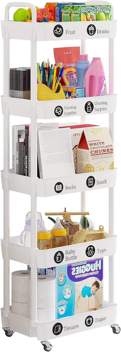 Laiensia 3-Tier Rolling Cart with Wheels,Multifunction Utility Storage Carts, Kitchen Storage Organizer,Mobile Shelving Unit for Bathroom,Laundry,with Classified Stickers,White