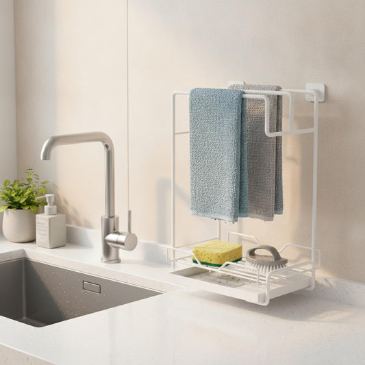 Dish Cloth Storage Rack with Tray, Wall Mounted Carbon Steel Sponge Organizer for Kitchen Sink