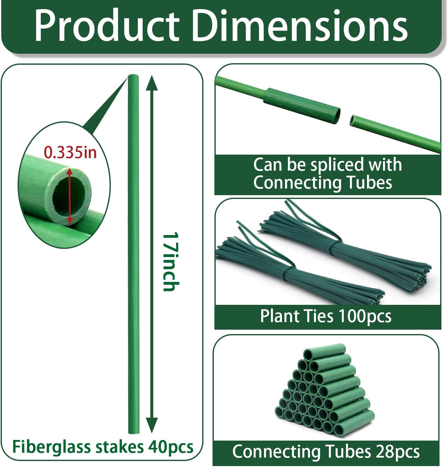 Garden Stakes 17Inch 20Pcs HOUNANG, DIY 4ft 5ft 6ft 7ft 8ft Fiberglass Plant Support Stakes for Gardening, with 14Connectors 50Ties for Indoor Outdoor Plants, Tomato, Vegetables, Potted Plants