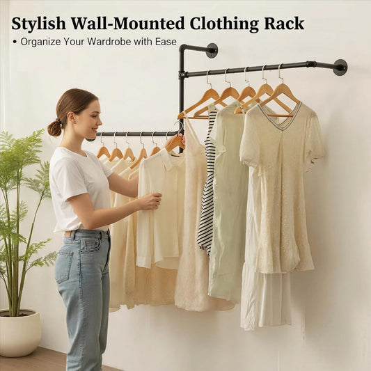 Industrial Pipe Clothing Rack, Wall Clothes Rack, Hanging Rod, Garment Rack | Pipe Clothes Rails, Multi-Purpose, Heavy Duty, Space-Saving, Clothes Bar, Organizer, Closet