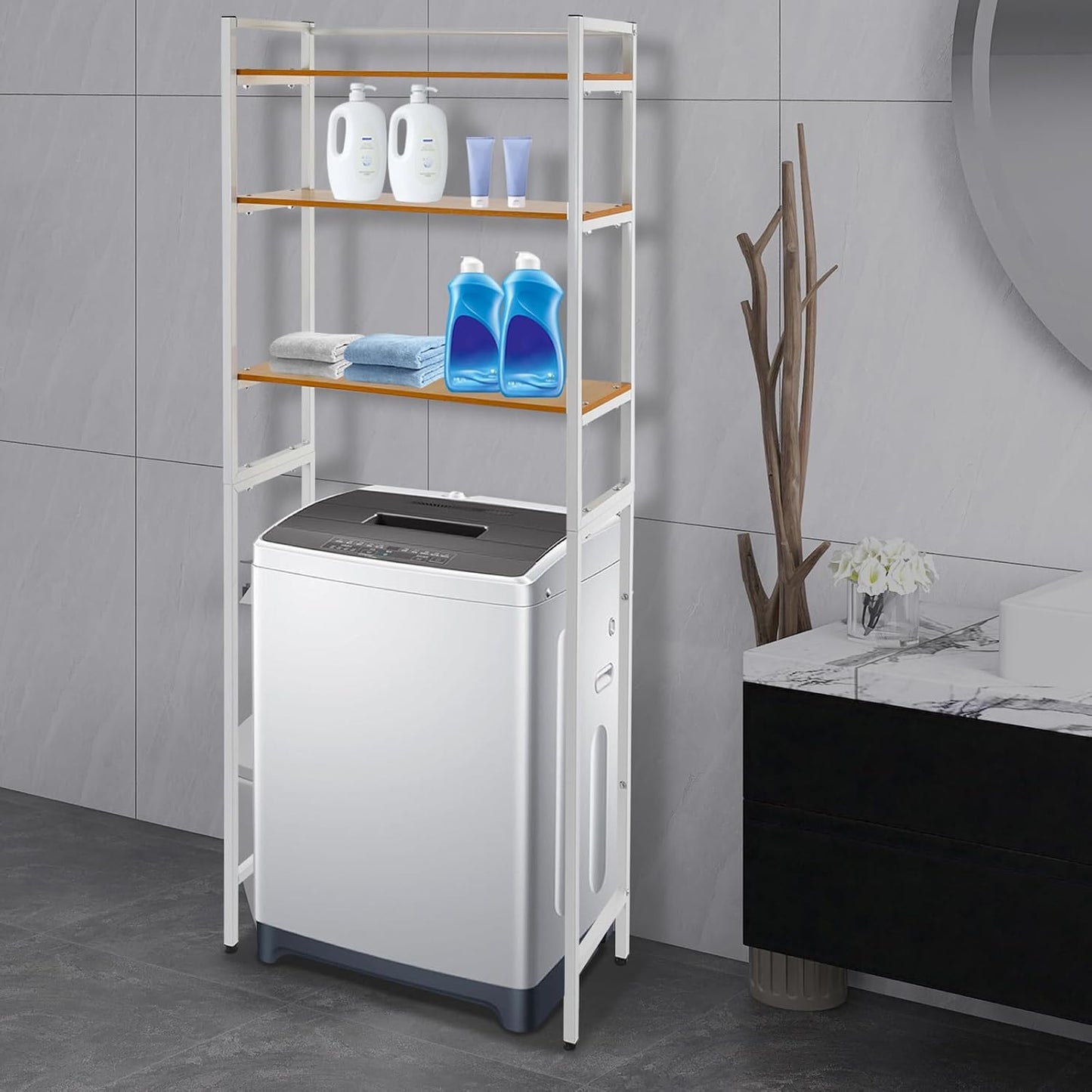 Bathroom Storage Shelf, Over the Washer and Dryer Storage Shelf, 3-tier Bathroom Rack for Washing Machine, Bathroom Storage and Organizer Rack for Hanging Towels and Drying Clothes (Black, Oak)