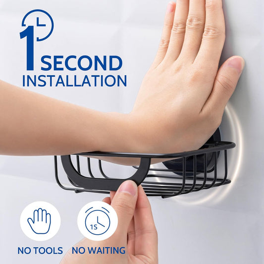 Soap Dish, Soap Bar Holder for Shower Suction Cup with 4 Hooks Wall Mounted, Stainless Steel No-Drilling Removable Waterproof Sponge Holder for Bathroom Bathtub Kitchen Sink, Black