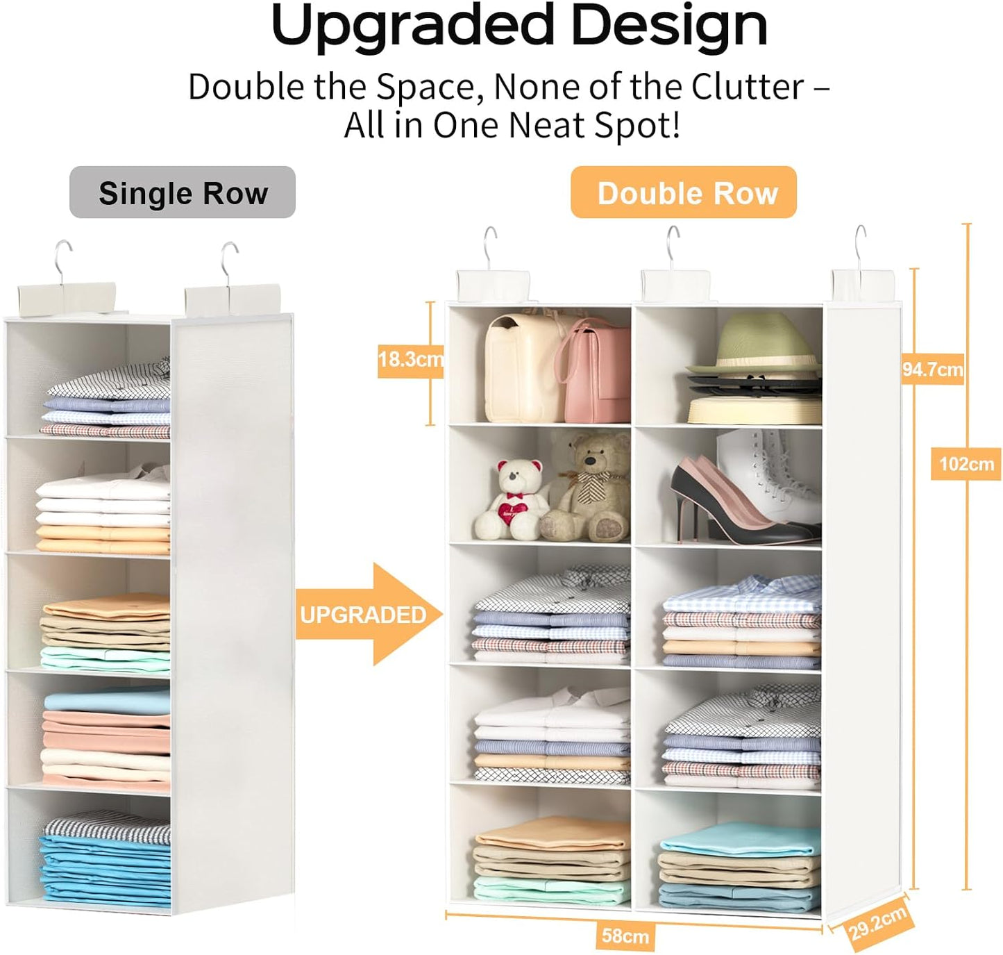 ALLTIDYUP Grey 5-Tier Hanging Closet Storage Organizer - Space-Saving Dual-Row Foldable Shelves with 3 Hooks, Wardrobe Organizer for Dorm, Bedroom, Clothes and Accessories