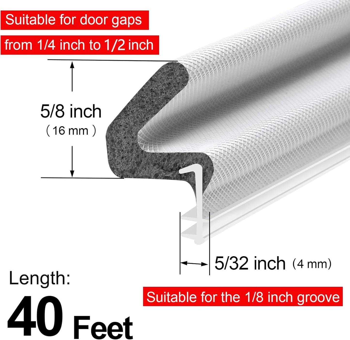 Litaibai 40 ft Kerf Weather Stripping Door Seal for Exterior Doors, White | Press-in kerf seal for grooved door frames is not self-adhesive, replaces worn seals, and helps reduce drafts and energy loss