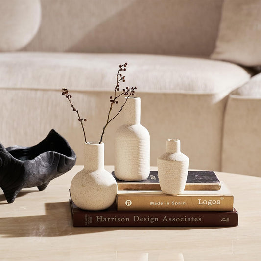 DN DECONATION Flower Vase Set of 3, Small Ceramic Vase Farmhouse Home Decor | Rustic Vases for Pampas Grass Dried Fresh Flowers, Living Room, Kitchen, Bedroom, Bathroom, Mantel Table Decor, Beige & Brown