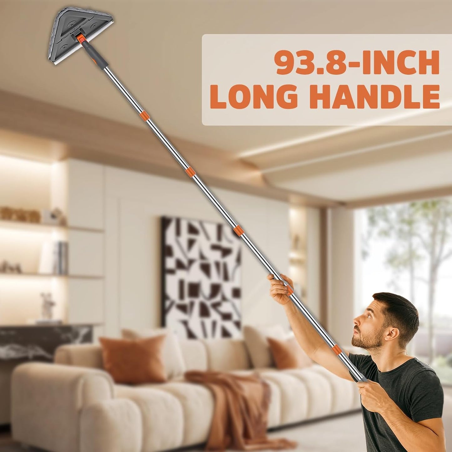 UIMO Wall Cleaner Mop with 94" Long Handle, 2-in-1 Triangle & Rectangle Head with Squeegee, 10 Washable Pads, Baseboard Cleaner Tool for Walls Scrubber, Ceilings, Windows, Glass, Fans, Doors, Corners